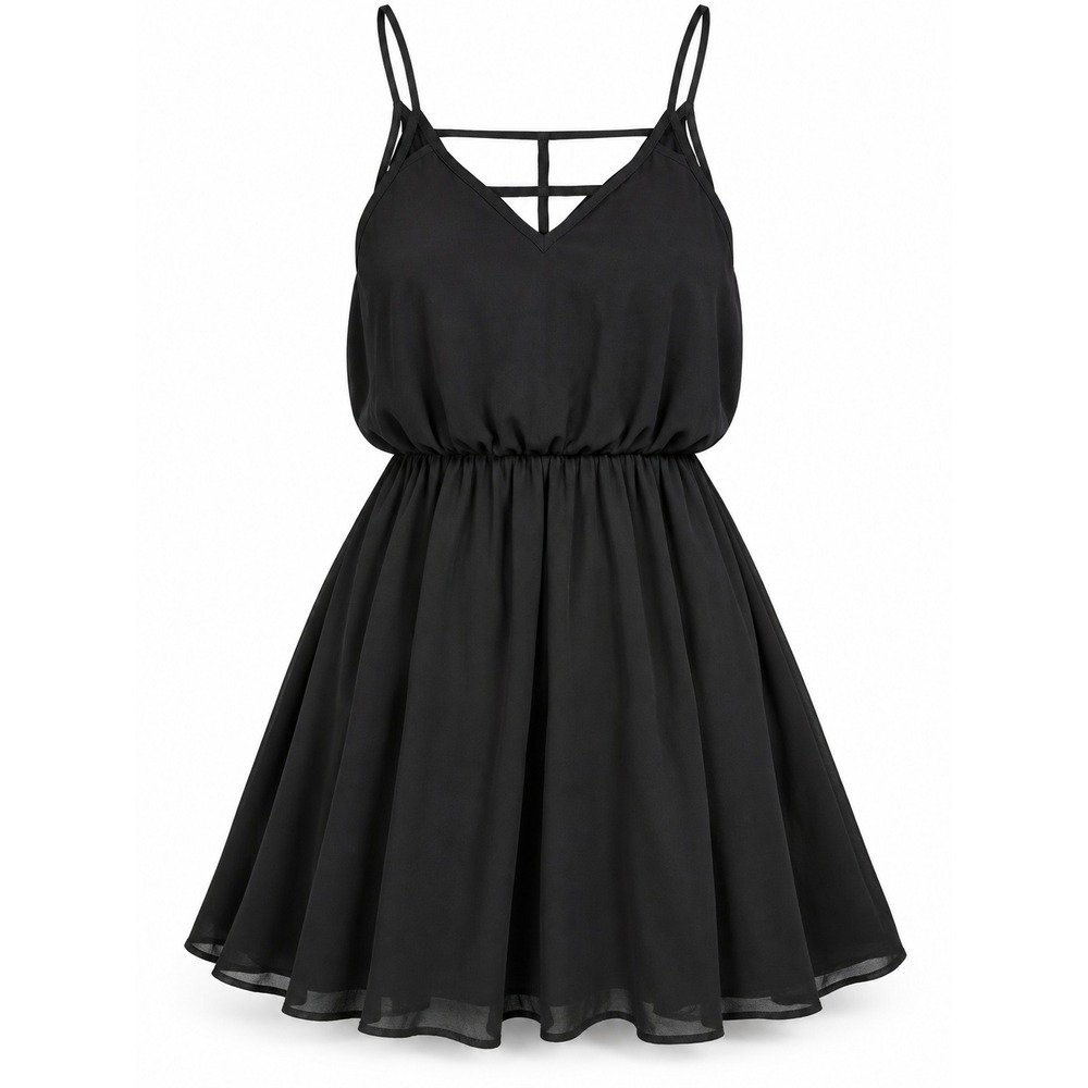 Hippie Rose Womens XS Black Strappy Back Fit Flare Mini Dress V Neck Party